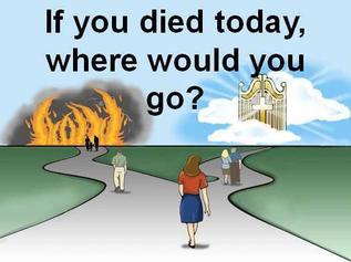 heaven, hell, pearly gates, eternity, salvation, fork in the road, fire, clouds